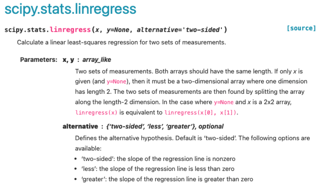 image, alt = "A screenshot of the scipy.stats.linregress documentation."