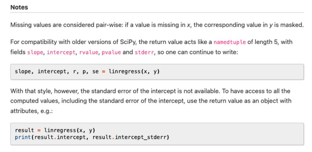 image, alt = "A screenshot of the scipy.stats.linregress documentation."