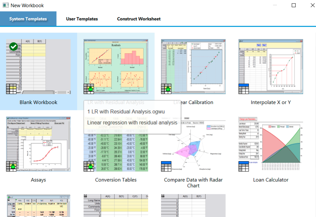 image, alt = "An image of the different workbook options avaliable to use in OriginPro."