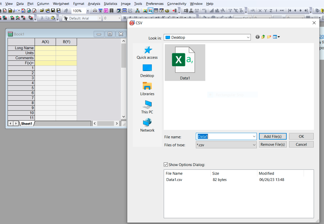 image, alt = "An image illustrating how to import data into OriginPro by browsing through local files." 