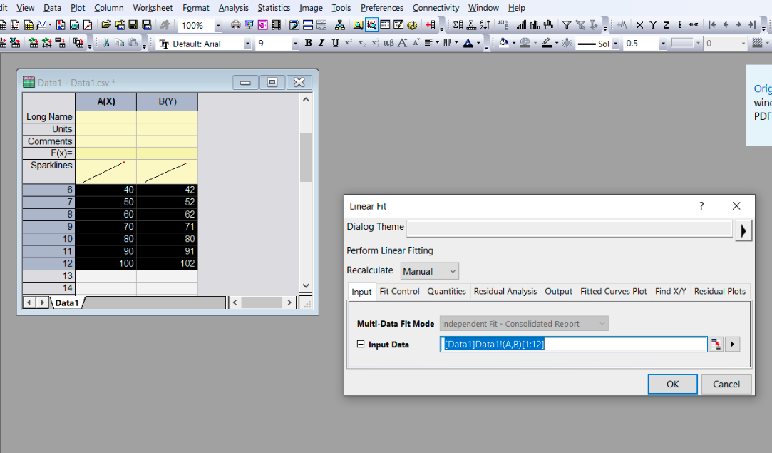 image, alt = "An image illustrating how to perform a linear fit on the data imported into OriginPro."