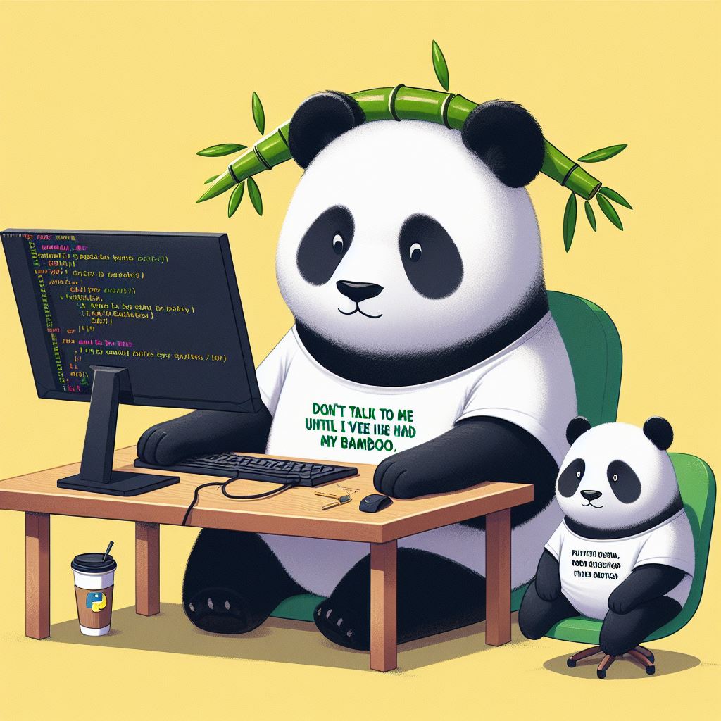 image, alt = "An image of a panda working on some code with a smaller panda sat next to them."